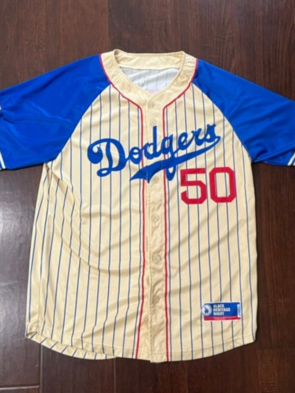 LA Dodgers Mookie Betts #50 Black Heritage Night Cream & Blue Jersey, Medium